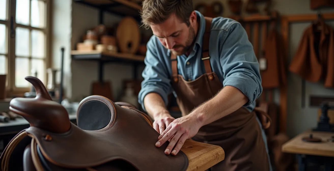Saddle-fitter vérifiant l'alignement d'un arçon de selle depuis l'arrière dans un atelier
