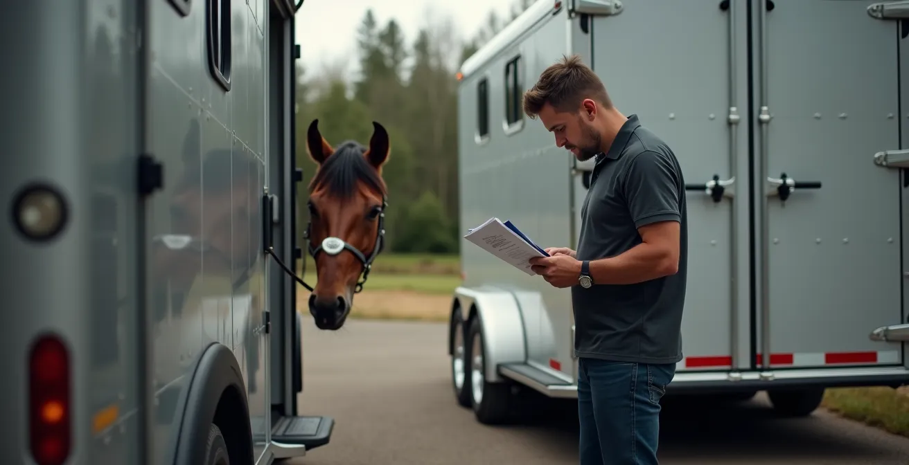 Conducteur vérifiant les documents du permis près d'un van attelé