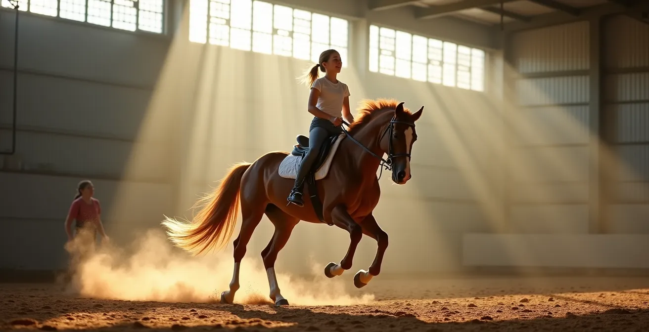 Voltigeur effectuant une figure acrobatique sur un cheval au galop en cercle dans un manège
