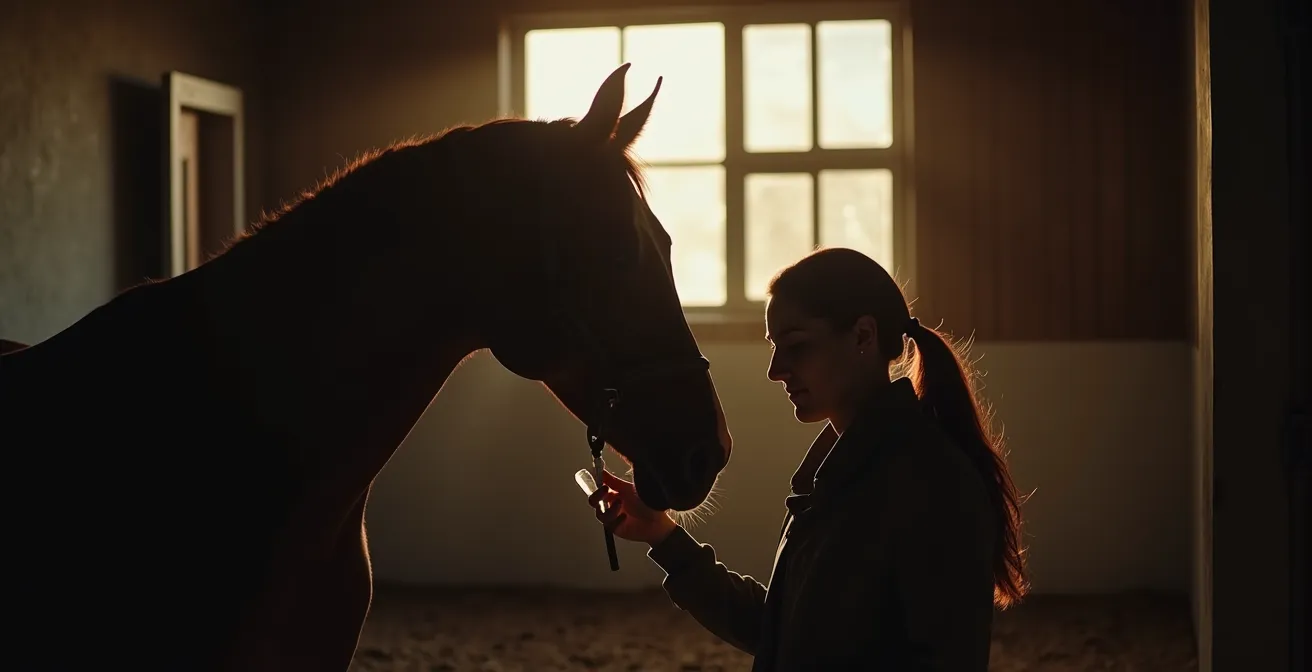 Vue rapprochée de l'administration d'un médicament oral à un cheval avec une seringue