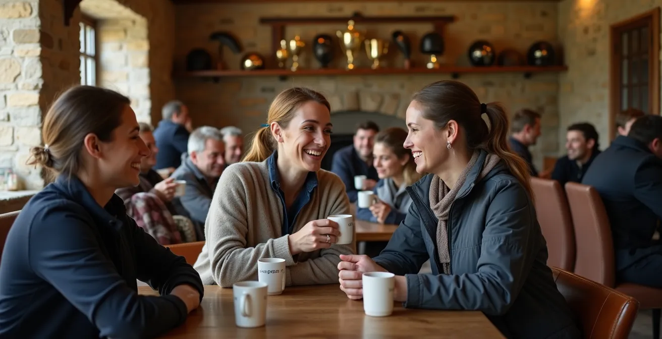Scène chaleureuse dans le club-house d'une écurie avec des cavaliers de tous âges en pleine discussion autour d'un café
