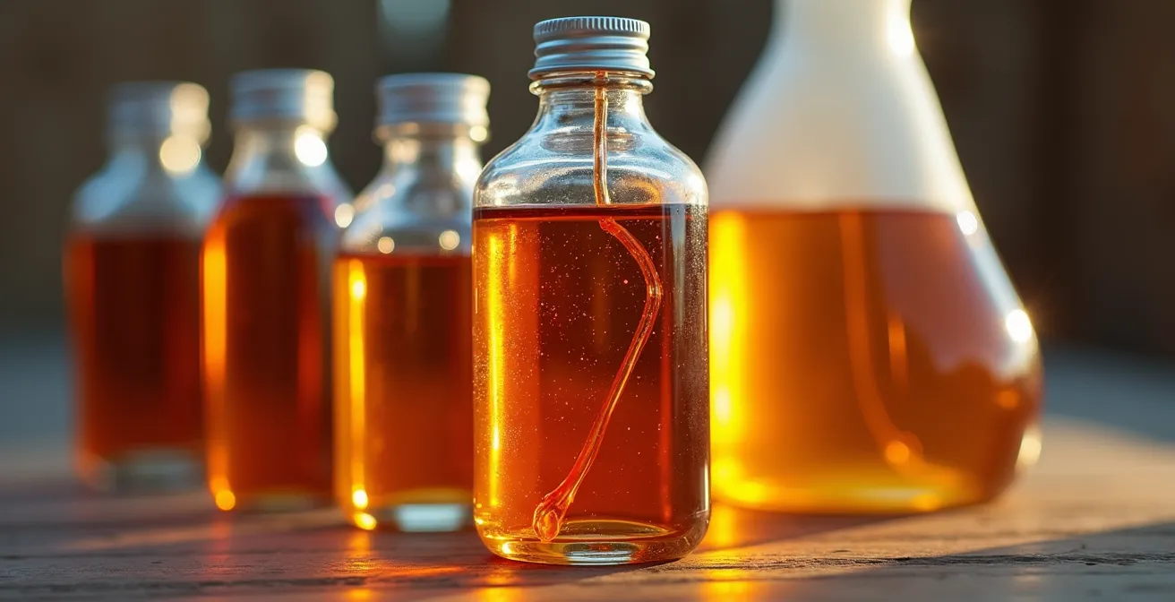 Différents flacons de produits antiseptiques vétérinaires disposés sur une table d'écurie