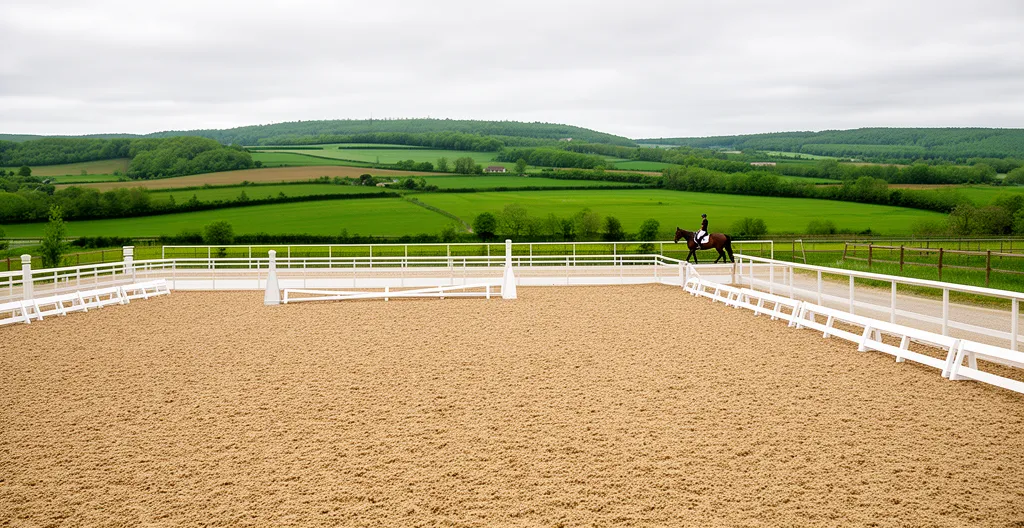 Carrière équestre extérieure avec lices de sécurité blanches et sol stabilisé