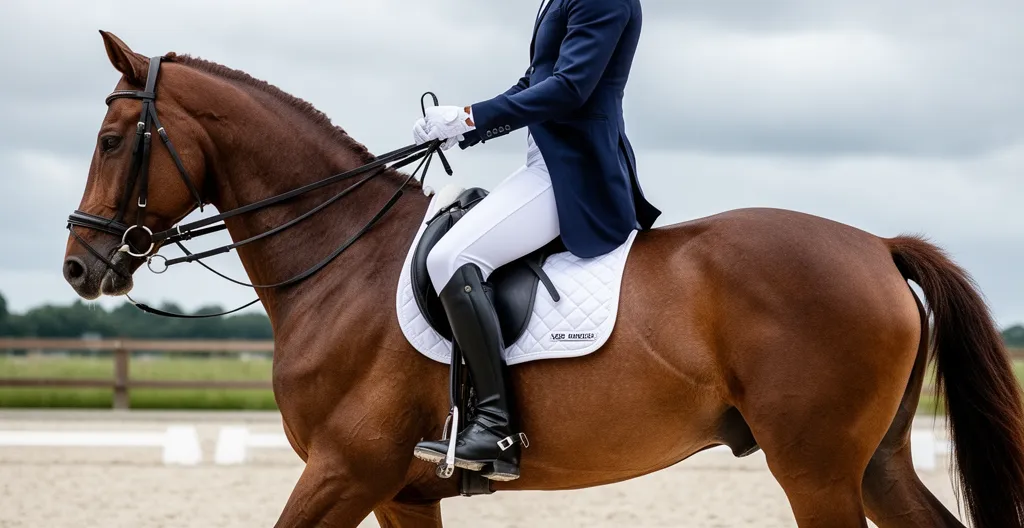Cavalier en position de dressage montrant la descente de jambe caractéristique