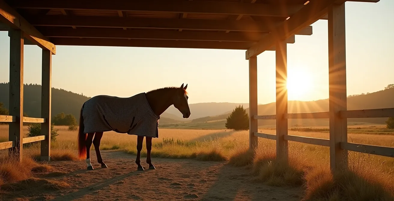 Cheval portant une couverture anti-insectes dans un paddock ombragé avec abri