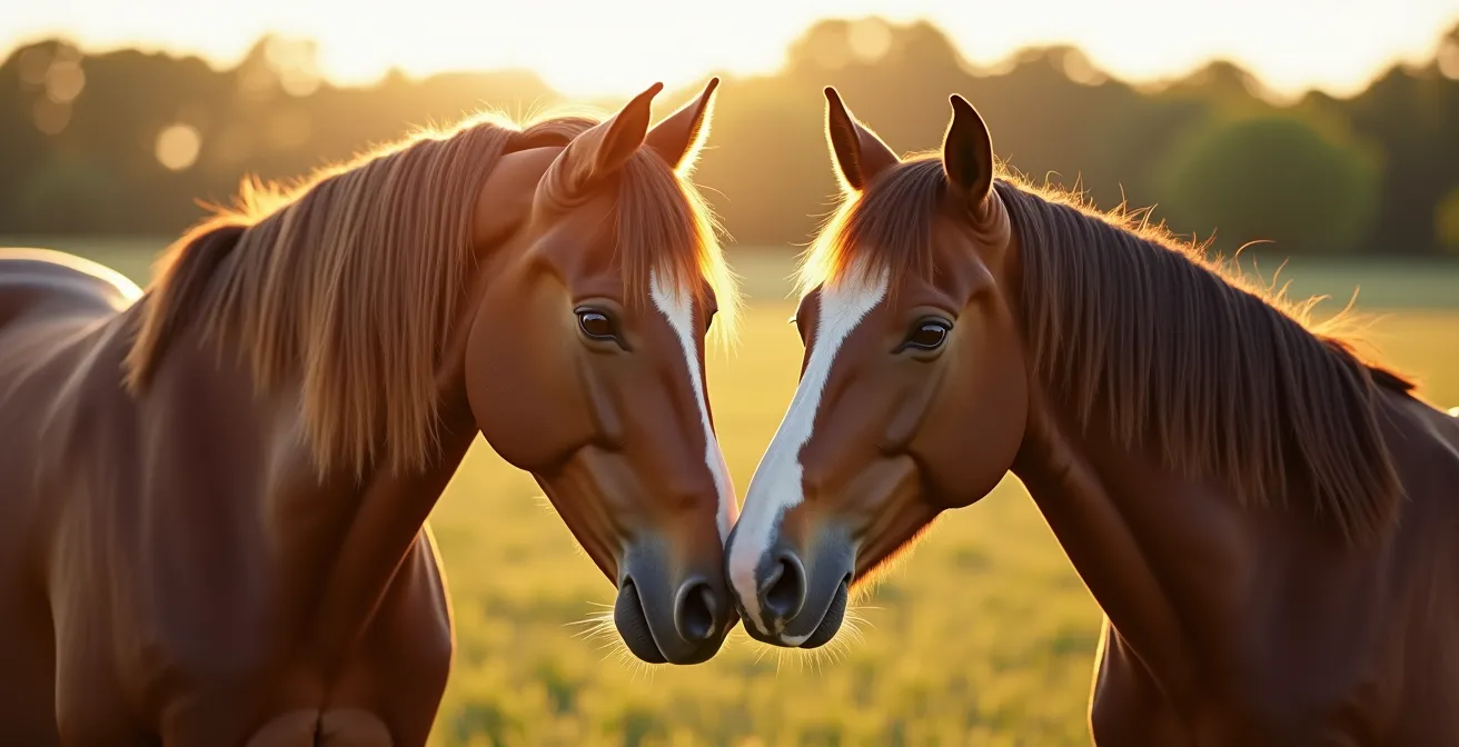Groupe de chevaux interagissant socialement dans un pré français avec différentes postures de communication
