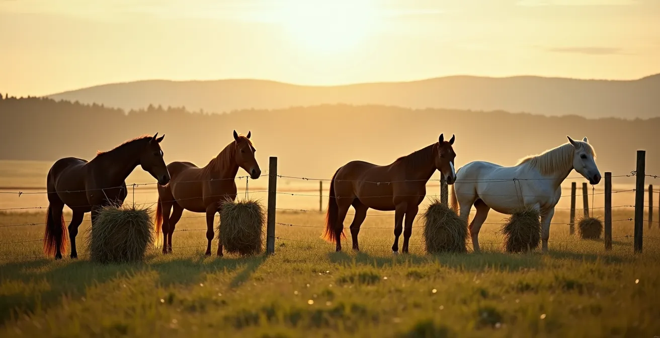 Plusieurs chevaux mangeant paisiblement dans des filets à foin espacés dans un pré