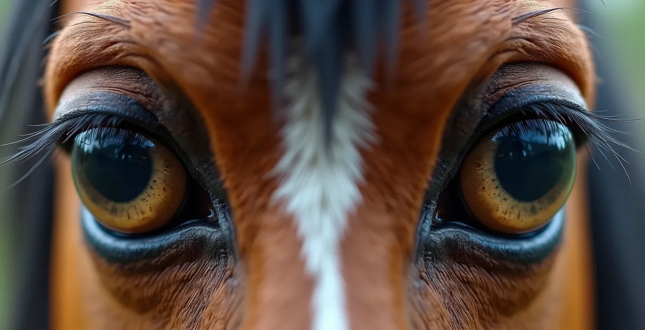 Deux portraits côte à côte montrant un cheval relaxé versus un cheval résigné avec annotations des différences faciales