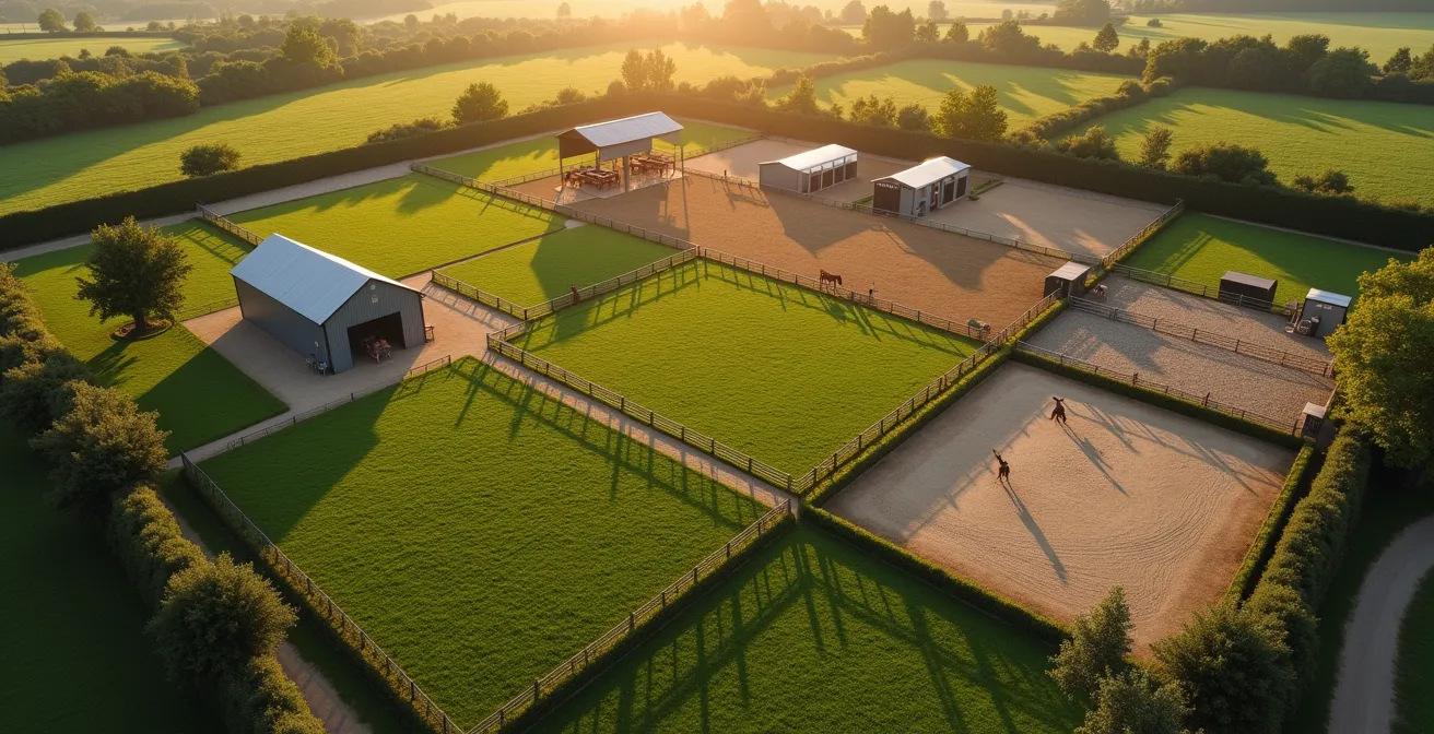 Vue aérienne comparative montrant un pré, des box avec paddocks, et un paddock paradise dans la campagne française