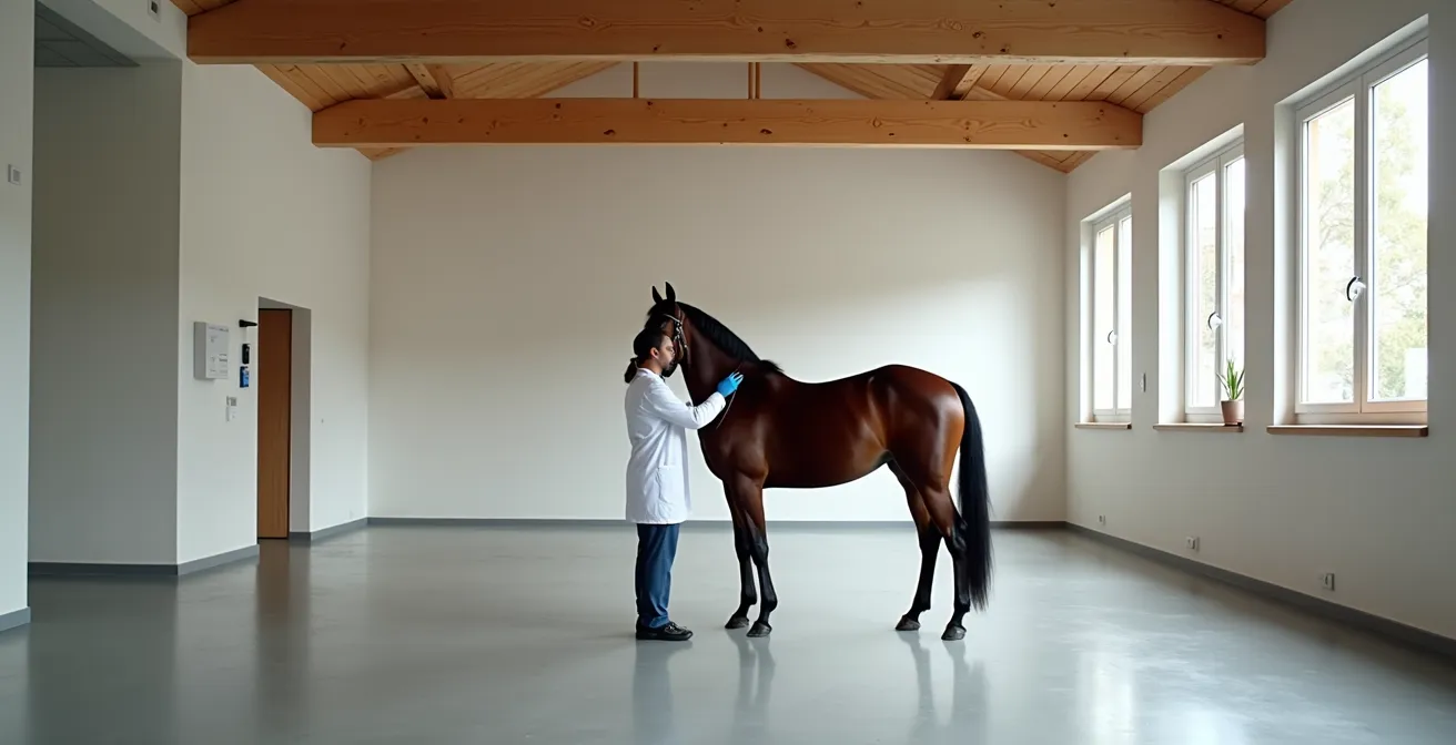 Vétérinaire examinant un cheval de sport dans une écurie française, évaluation avant ostéopathie