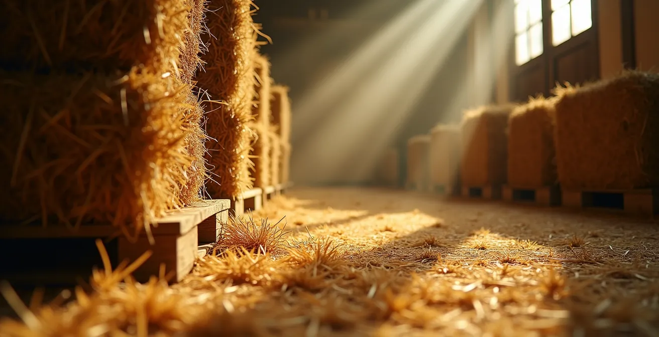 Hangar de stockage de foin avec bottes sur palettes et ventilation naturelle