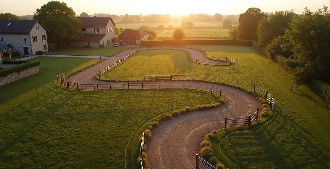 Vue aérienne d'un paddock paradise français avec ses pistes sinueuses, points d'eau et zones d'enrichissement