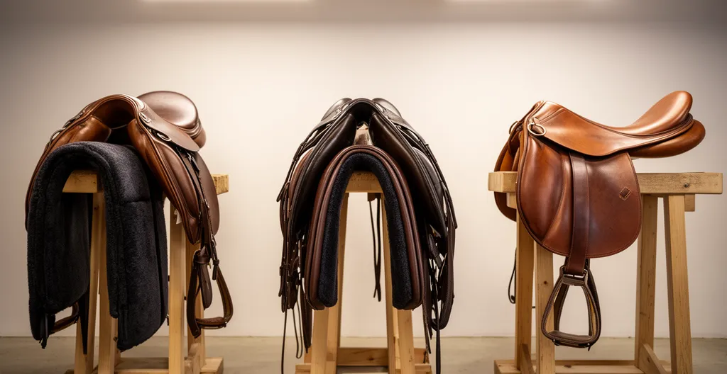Trois types de selles équestres exposées montrant les différences de forme entre dressage et obstacle